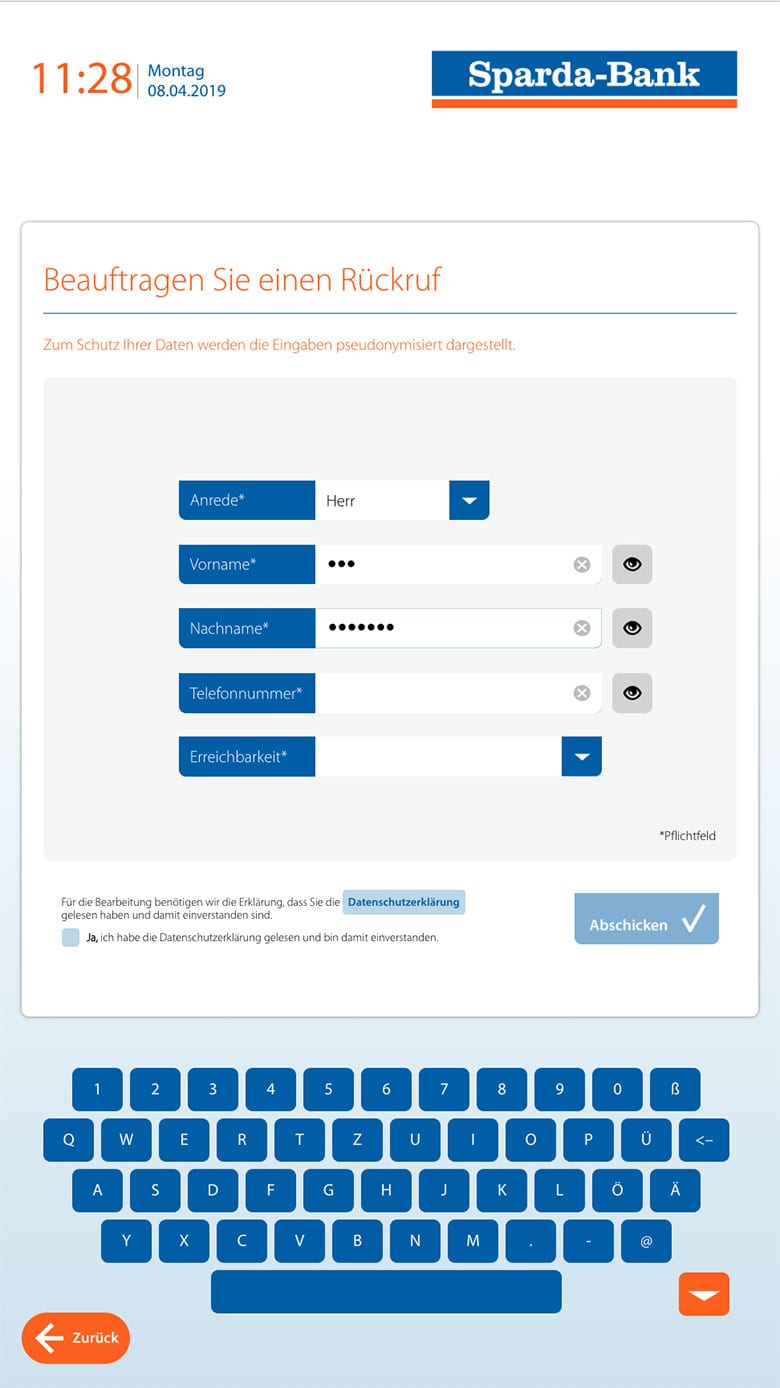 Sparda Bank Virtueller Servicepoint by Vangenhassend. Hier kann der Nutzer einen Rückruf beauftragen.